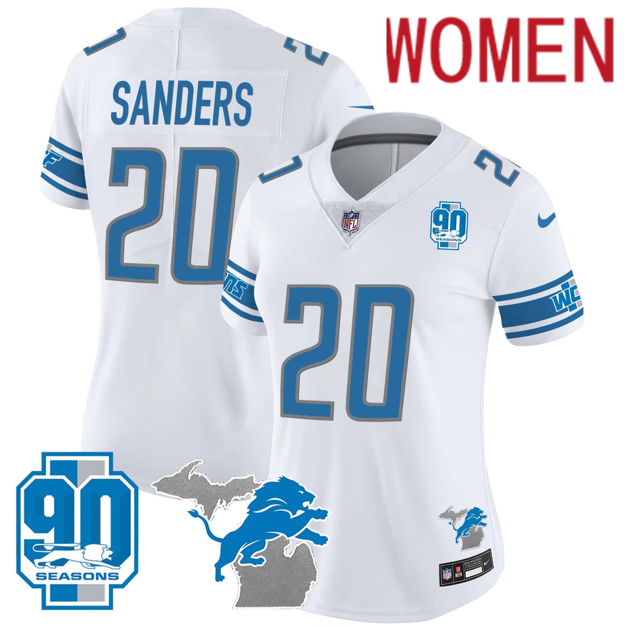 Women Detroit Lions 20 Sanders White 2024 Nike 90th Year Michigan Patch Vapor NFL Jersey